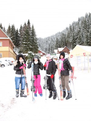 Four very cute teenage brunettes fucking at a ski resort